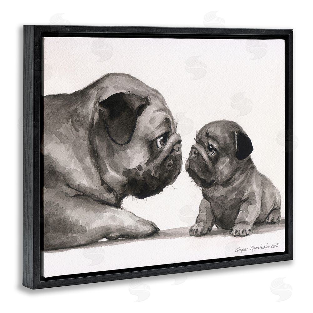 George Dyachenko Pug And Her Puppy Black Floating Frame Canvas Wall Art Print