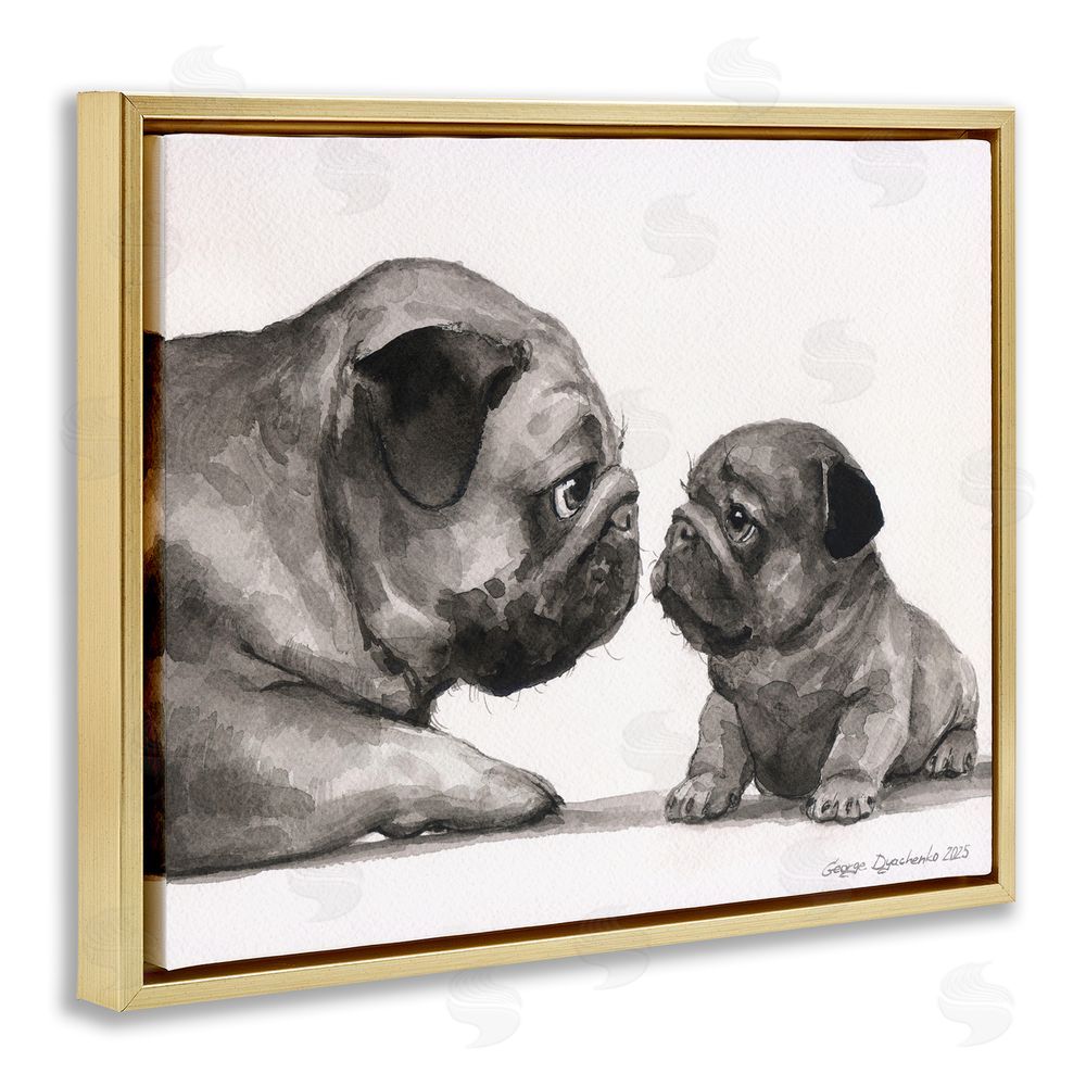 George Dyachenko Pug And Her Puppy Gold Floating Frame Canvas Wall Art Print
