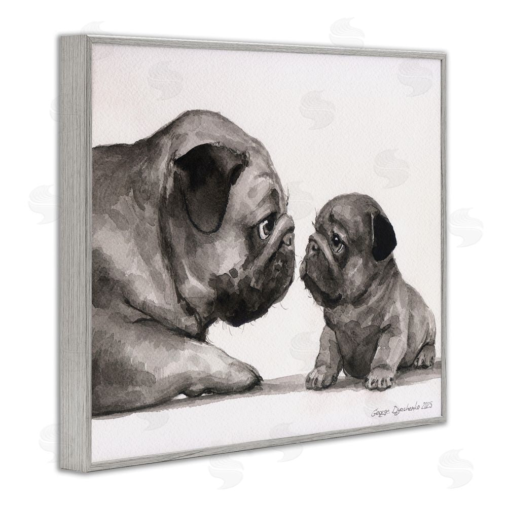 George Dyachenko Pug And Her Puppy Gray Framed Giclee Wall Art Print