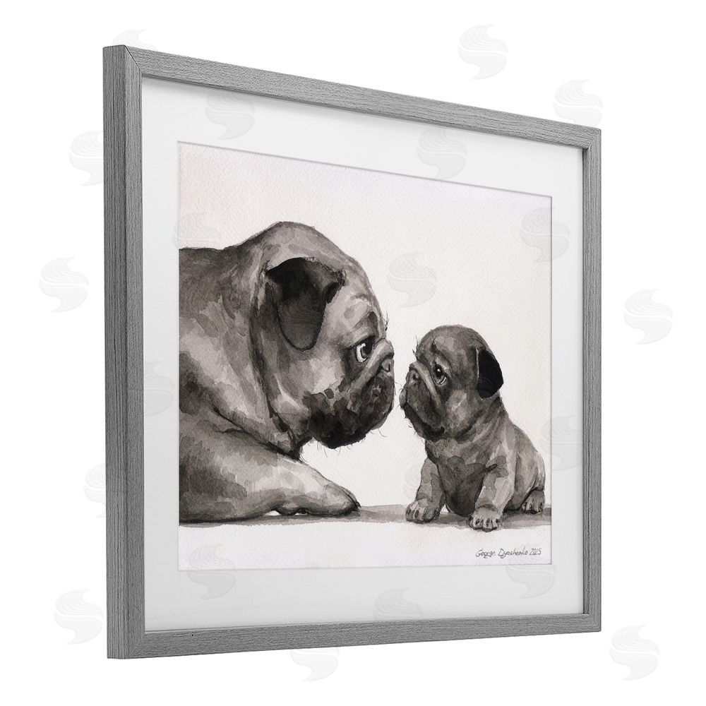 George Dyachenko Pug And Her Puppy Gray Framed Print Under Glass Wall Art