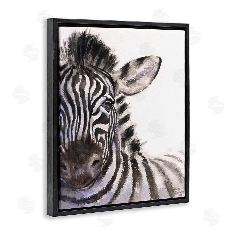 George Dyachenko Zebra Portrait on White Black Floating Frame Stretched Canvas Wall Art Print