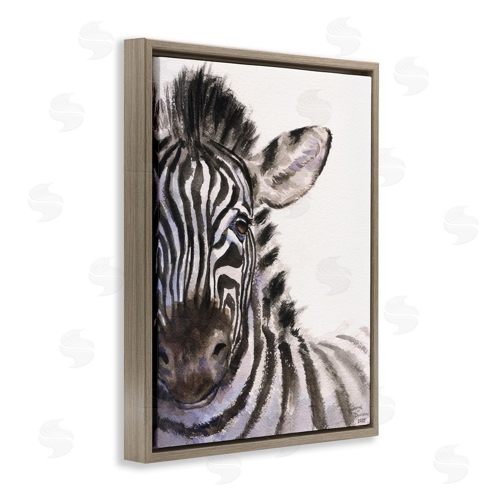 George Dyachenko Zebra Portrait on White Brown Floating Frame Stretched Canvas Wall Art Print