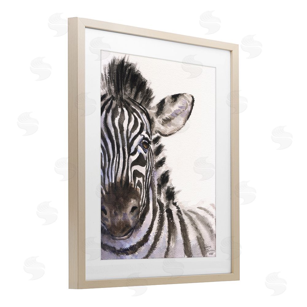 George Dyachenko Zebra Portrait on White Brown Framed Print Under Glass with Matting Wall Art