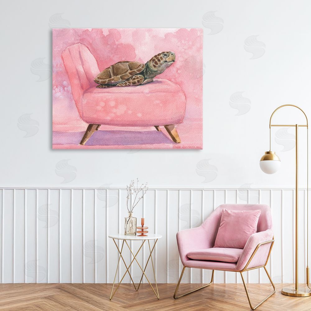 George Dyachenko Happy Turtle on Pink Chair Stretched Canvas Wall Art in Room