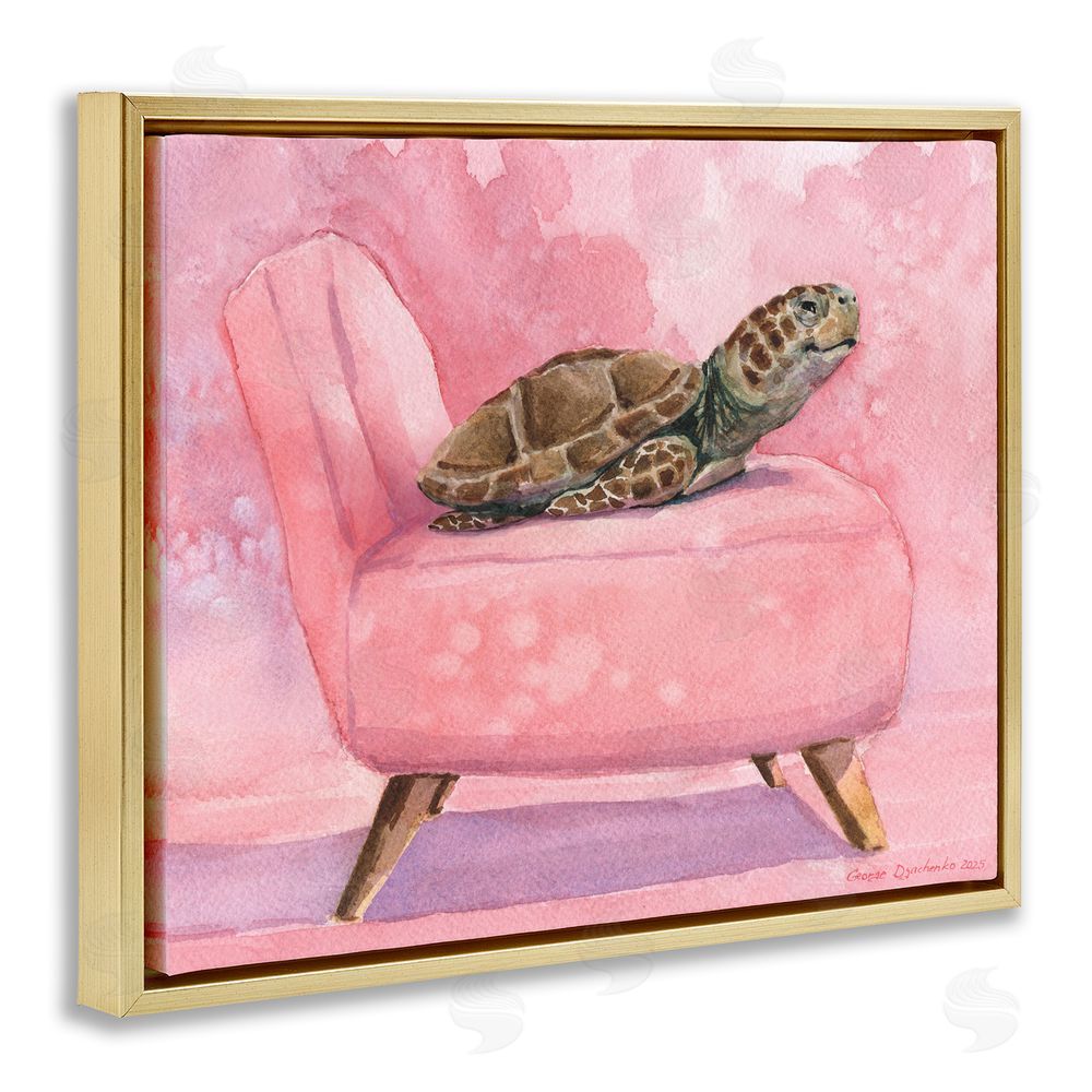 George Dyachenko Happy Turtle on Pink Chair Gold Floating Frame Canvas Wall Art