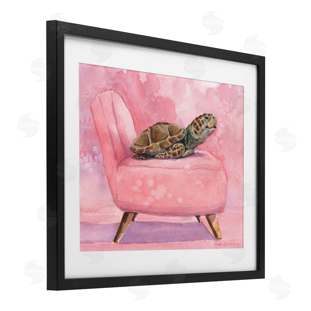 George Dyachenko Happy Turtle on Pink Chair Black Framed Print Under Glass with Mat Wall Art