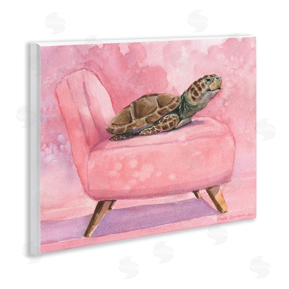 George Dyachenko Happy Turtle on Pink Chair Wooden Wall Plaque Art Print