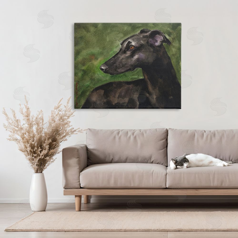 George Dyachenko Black Greyhound Portrait Stretched Canvas Wall Art in Room