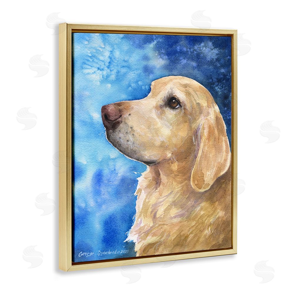 George Dyachenko Golden Retriever Portrait on Azure Gold Floating Frame Canvas Wall Art Print