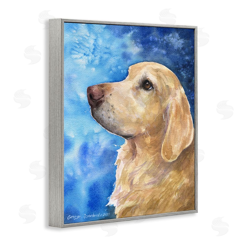George Dyachenko Golden Retriever Portrait on Azure Gray Framed Giclee Wall Art Print