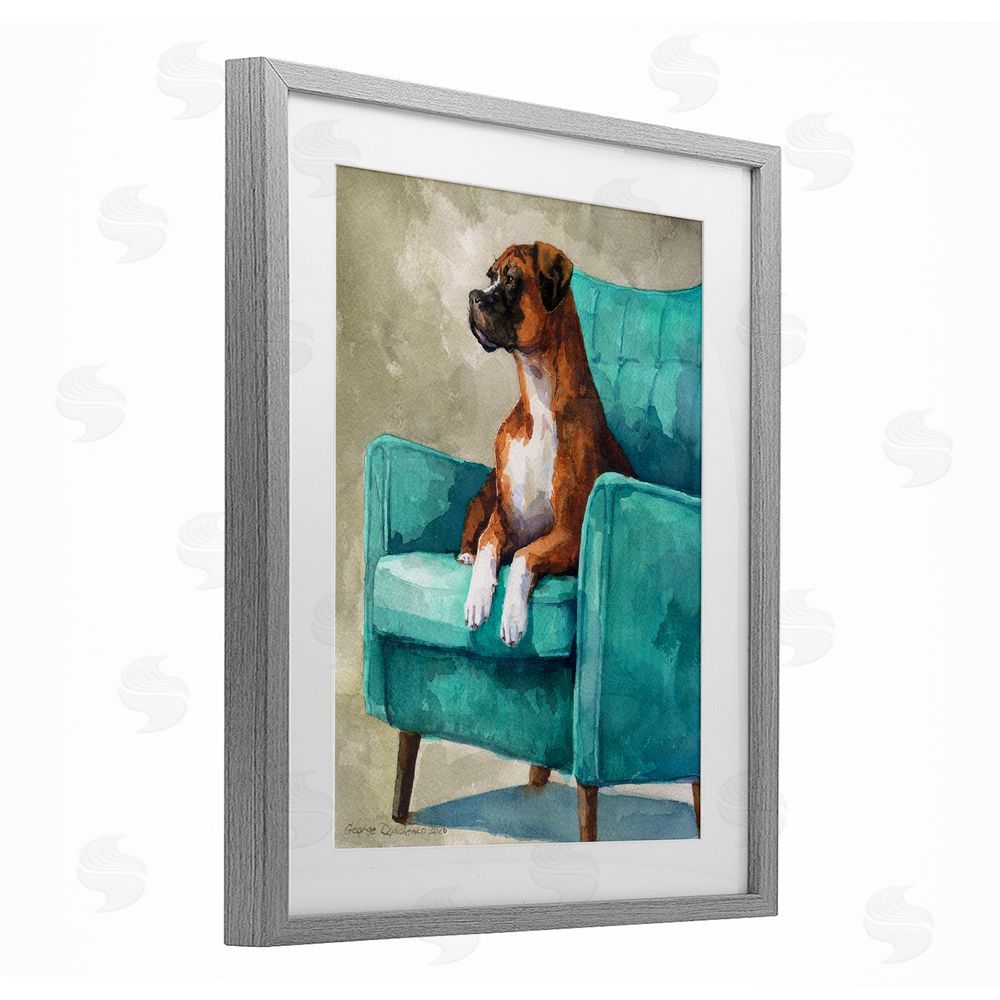George Dyachenko Majesty Boxer on Armchair Gray Framed Print Under Glass Wall Art