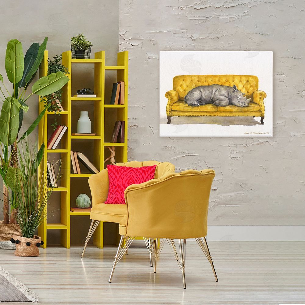 George Dyachenko Cute Rhino Resting Stretched Canvas Wall Art Print in Room