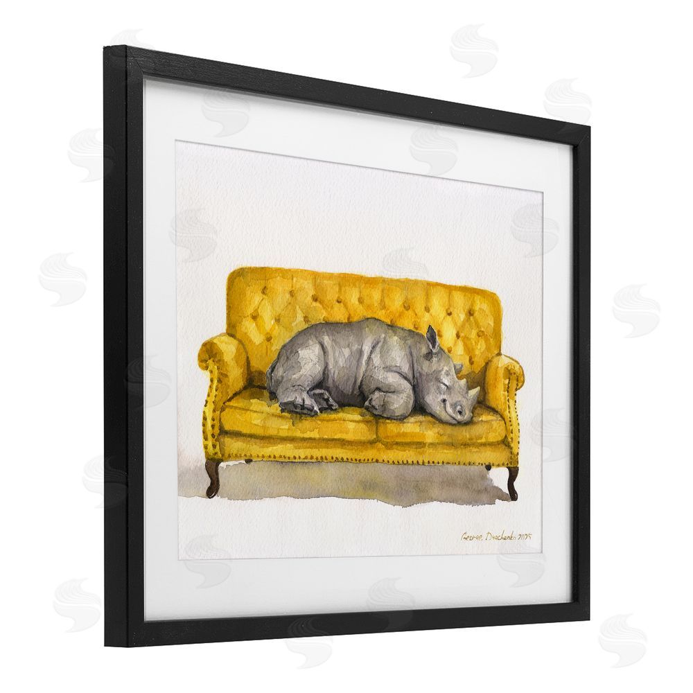 George Dyachenko Cute Rhino Resting Black Framed Print Under Glass Wall Art
