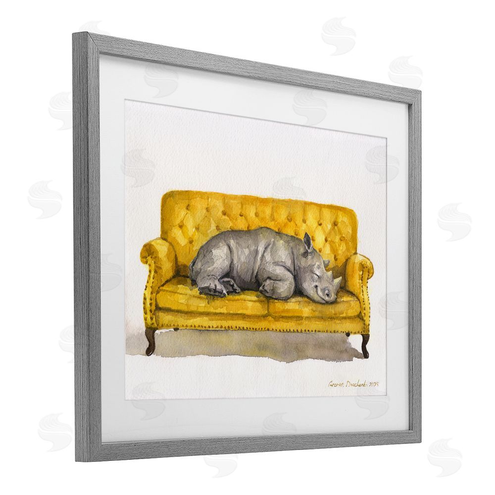 George Dyachenko Cute Rhino Resting Gray Framed Print Under Glass Wall Art