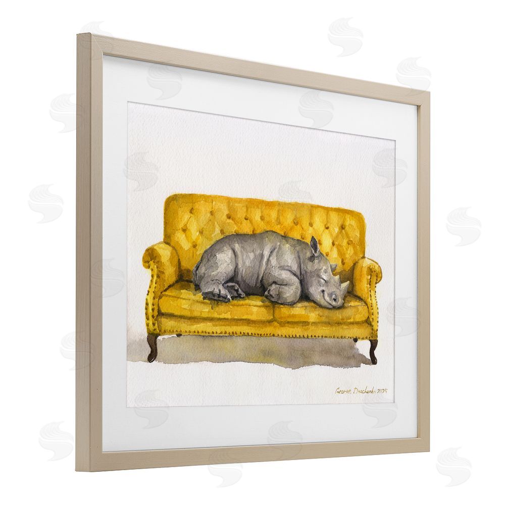 George Dyachenko Cute Rhino Resting Birch Framed Print Under Glass Wall Art