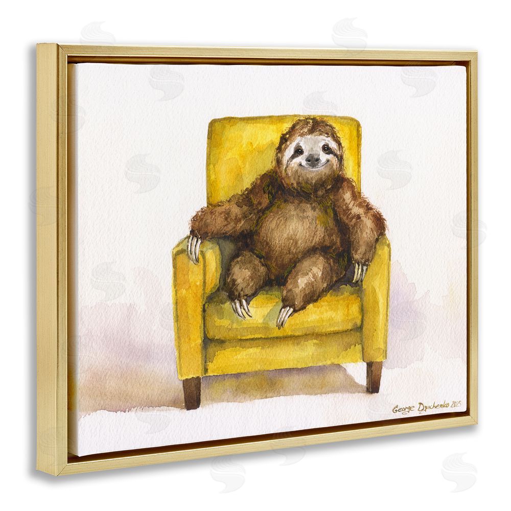 George Dyachenko Happy Sloth Relaxing on Armchair Gold Floating Frame Canvas Wall Art