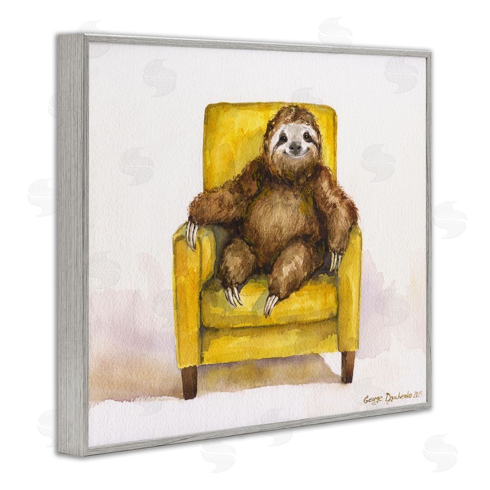 George Dyachenko Happy Sloth Relaxing on Armchair Gray Framed Giclee Wall Art Print