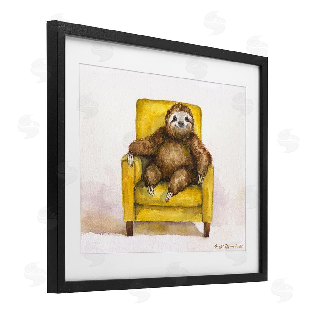 George Dyachenko Happy Sloth Relaxing on Armchair Black Framed Print Under Glass with Mat Wall Art