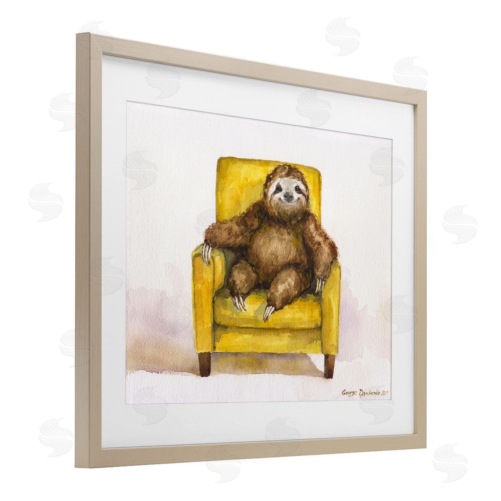 George Dyachenko Happy Sloth Relaxing on Armchair Brown Framed Print Under Glass with Mat Wall Art