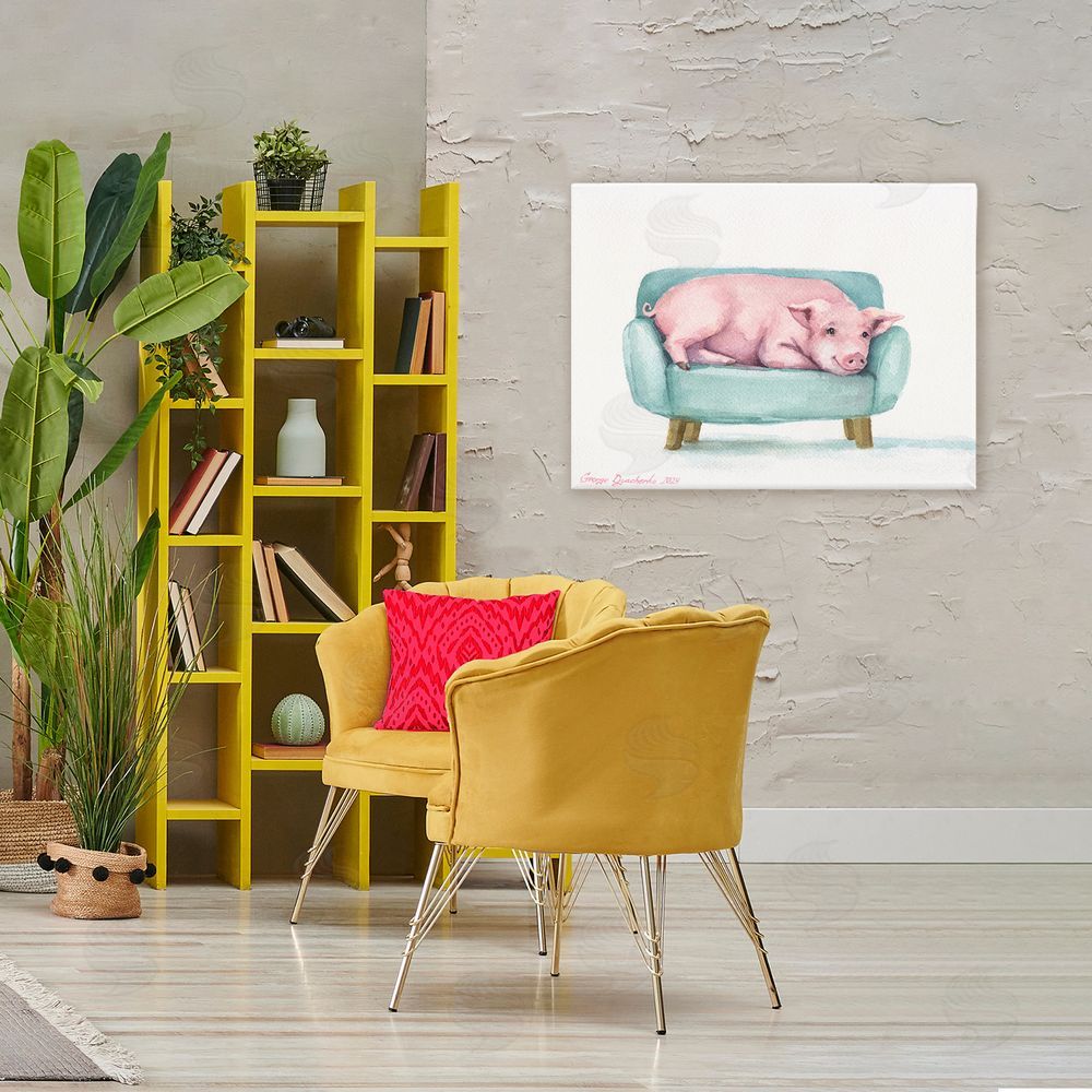 George Dyachenko Cute Piglet on Armchair Stretched Canvas Wall Art Print in Room