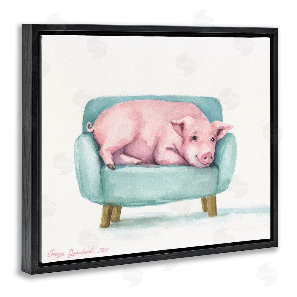 George Dyachenko Cute Piglet on Armchair Black Floating Frame Wall Art Print