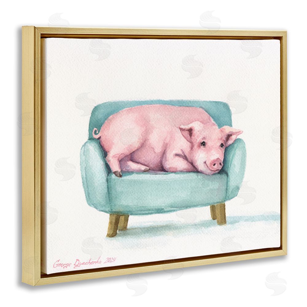 George Dyachenko Cute Piglet on Armchair Gold Floating Frame Wall Art Print