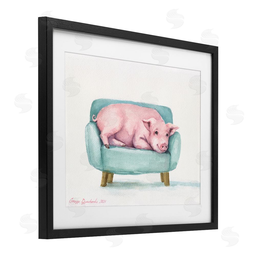 George Dyachenko Cute Piglet on Armchair Black Framed Print Under Glass Wall Art