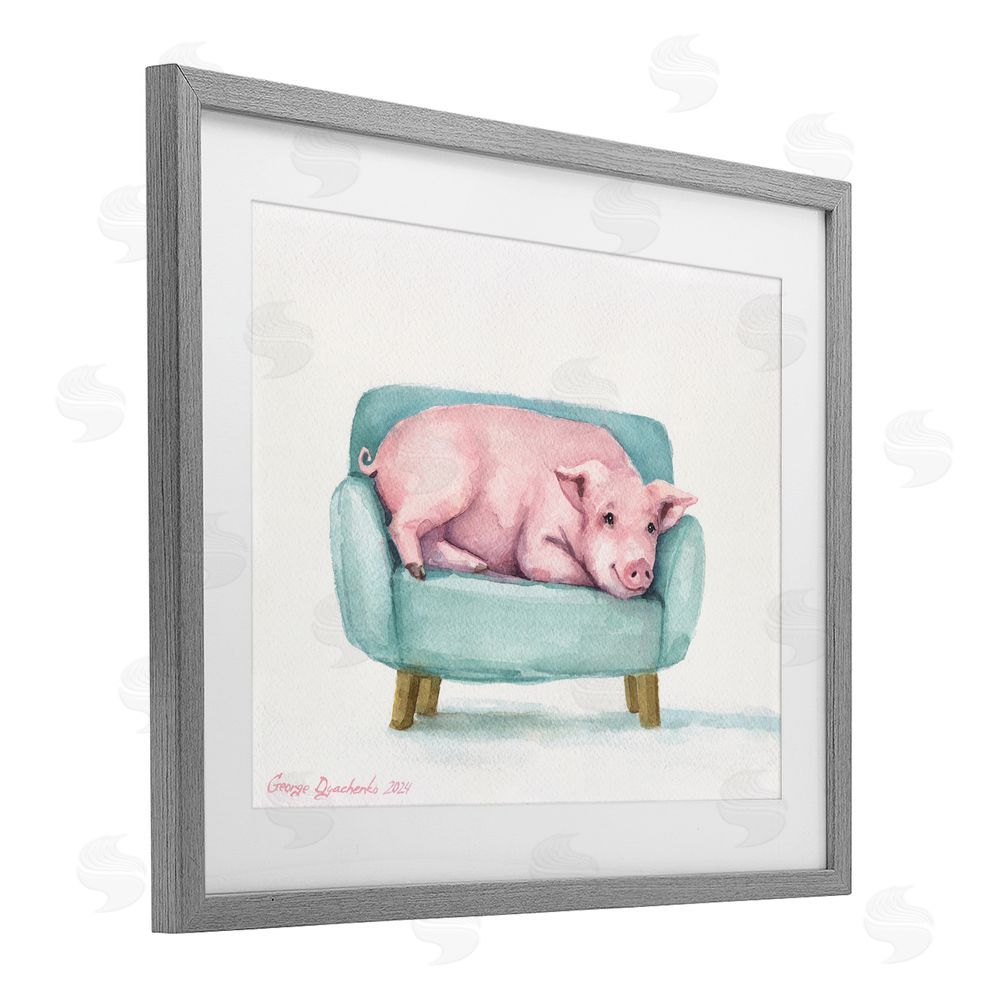 George Dyachenko Cute Piglet on Armchair Gray Framed Print Under Glass Wall Art