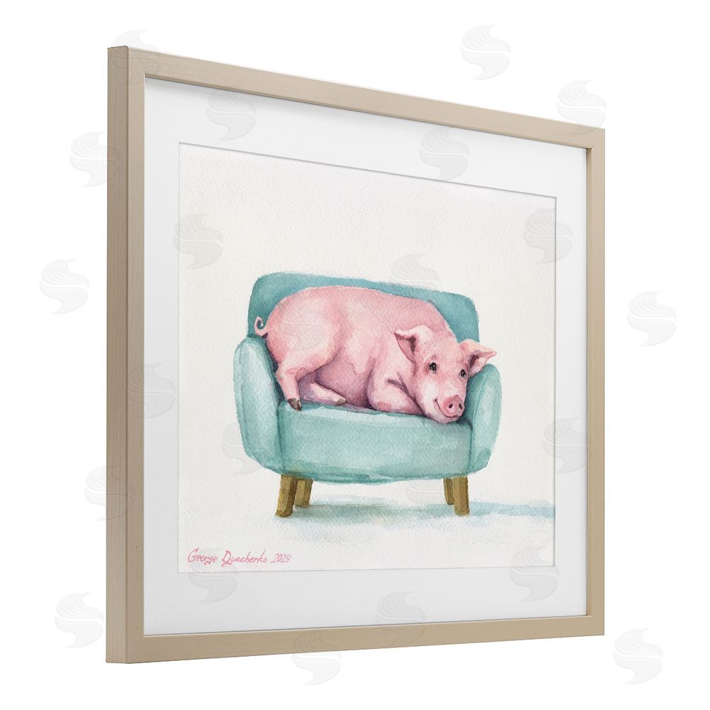 George Dyachenko Cute Piglet on Armchair Birch Framed Print Under Glass Wall Art