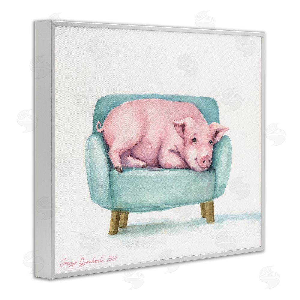 George Dyachenko Cute Piglet on Armchair White Framed Giclee Wall Art Print
