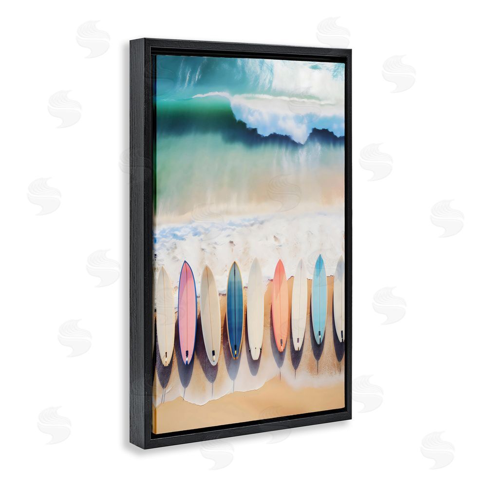 Creative Studio Aerial View Surfboards Shoreline Black Floating Frame Stretched Canvas Wall Art Print