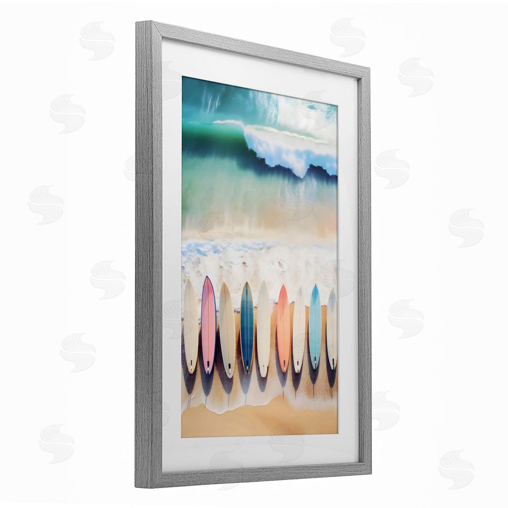 Creative Studio Aerial View Surfboards Shoreline Gray Framed Print Under Glass with Matting Wall Art
