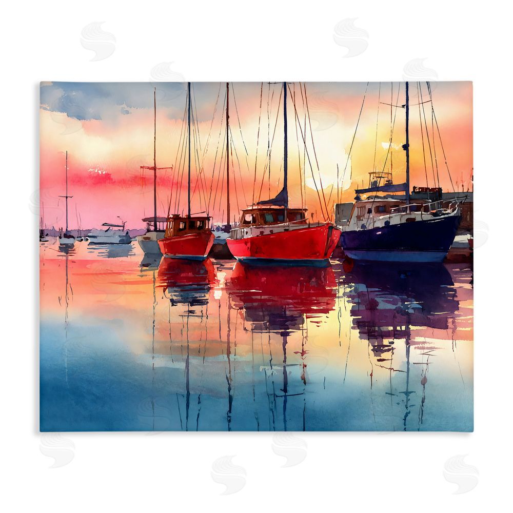 Franklyn Gregory Red & Blue Boats at Sunset Stretched Canvas Wall Art