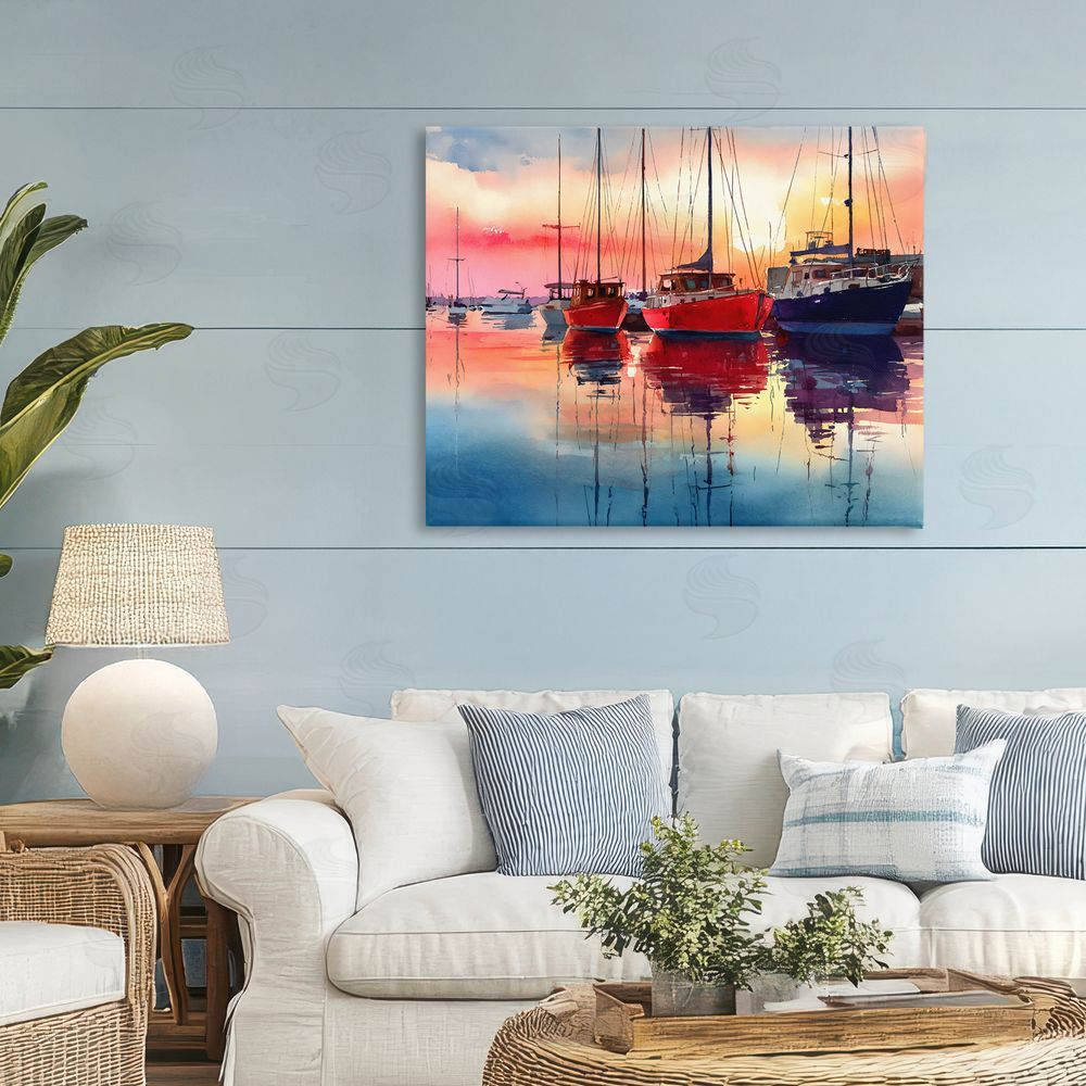 Franklyn Gregory Red & Blue Boats at Sunset Stretched Canvas Wall Art in Room