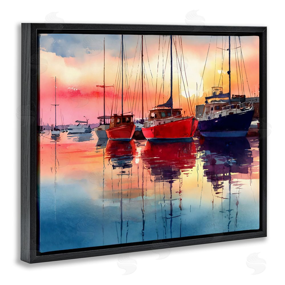 Franklyn Gregory Red & Blue Boats at Sunset Black Floating Framed Canvas Wall Art