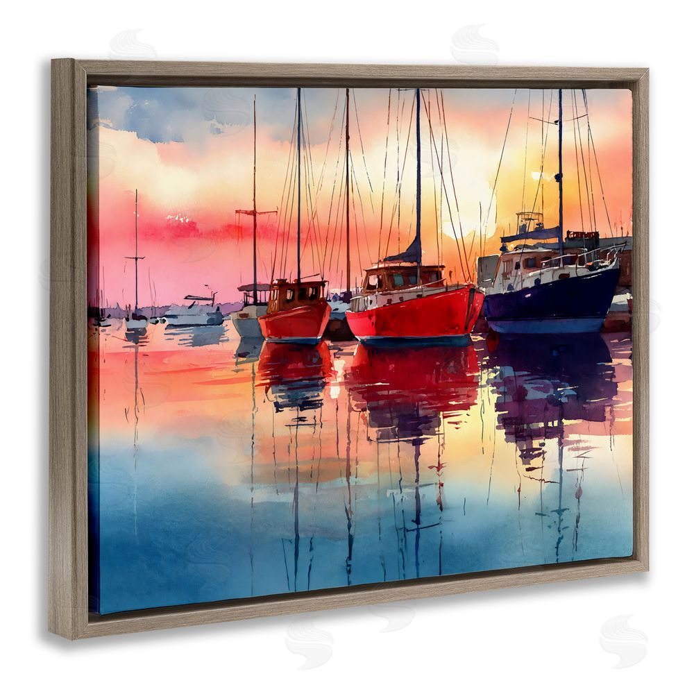 Franklyn Gregory Red & Blue Boats at Sunset Brown Floating Framed Canvas Wall Art