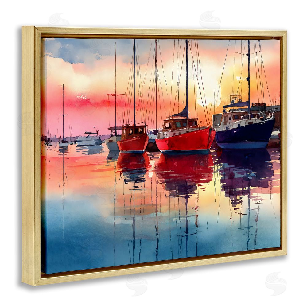 Franklyn Gregory Red & Blue Boats at Sunset Gold Floating Framed Canvas Wall Art