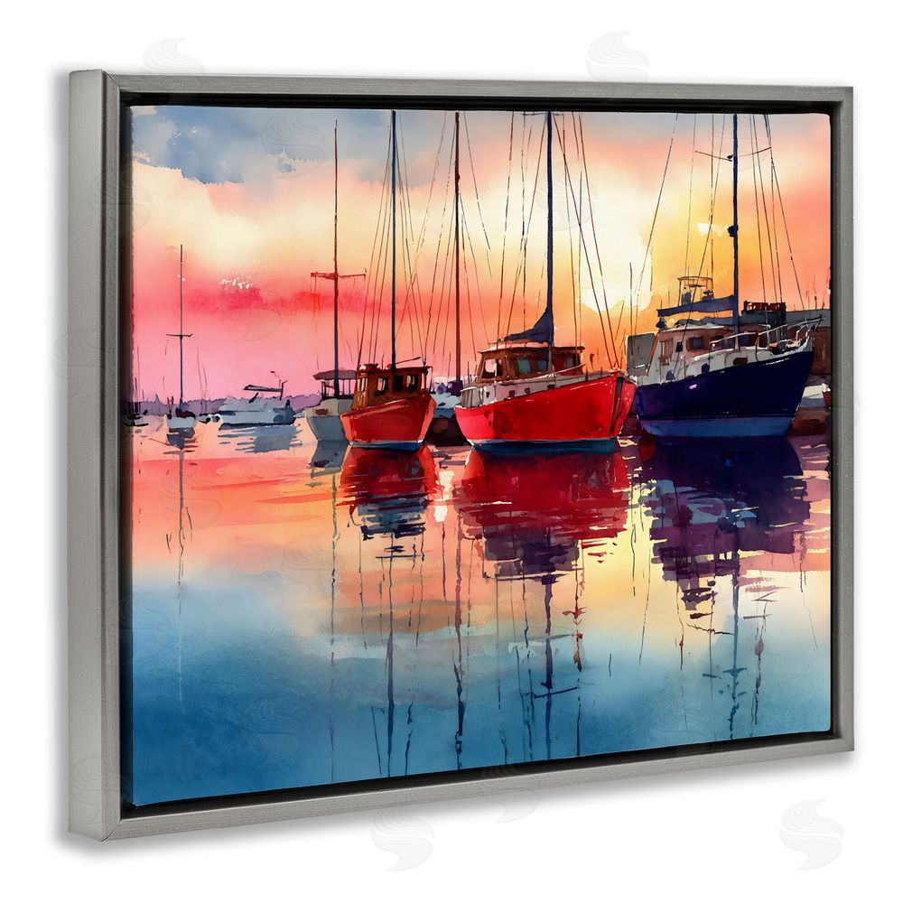 Franklyn Gregory Red & Blue Boats at Sunset Gray Floating Framed Canvas Wall Art