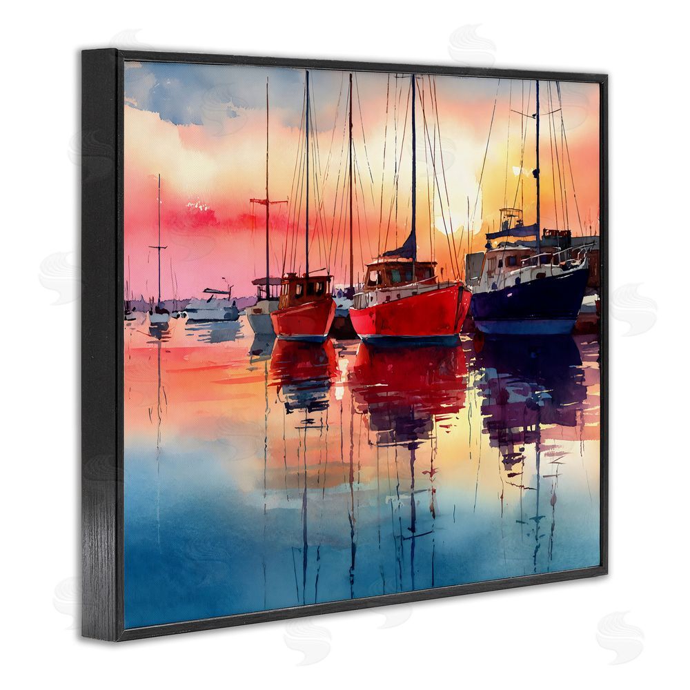 Franklyn Gregory Red & Blue Boats at Sunset Black Framed Giclee Wall Art