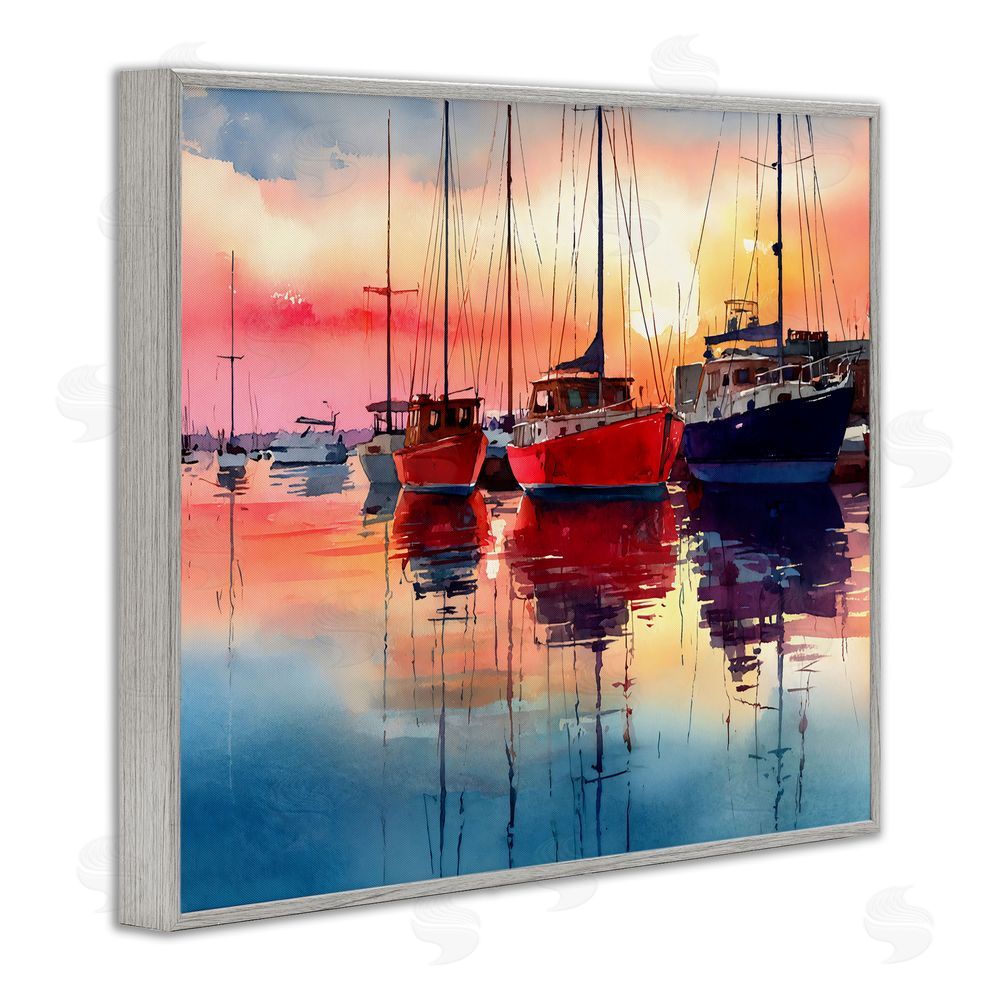 Franklyn Gregory Red & Blue Boats at Sunset Gray Framed Giclee Wall Art