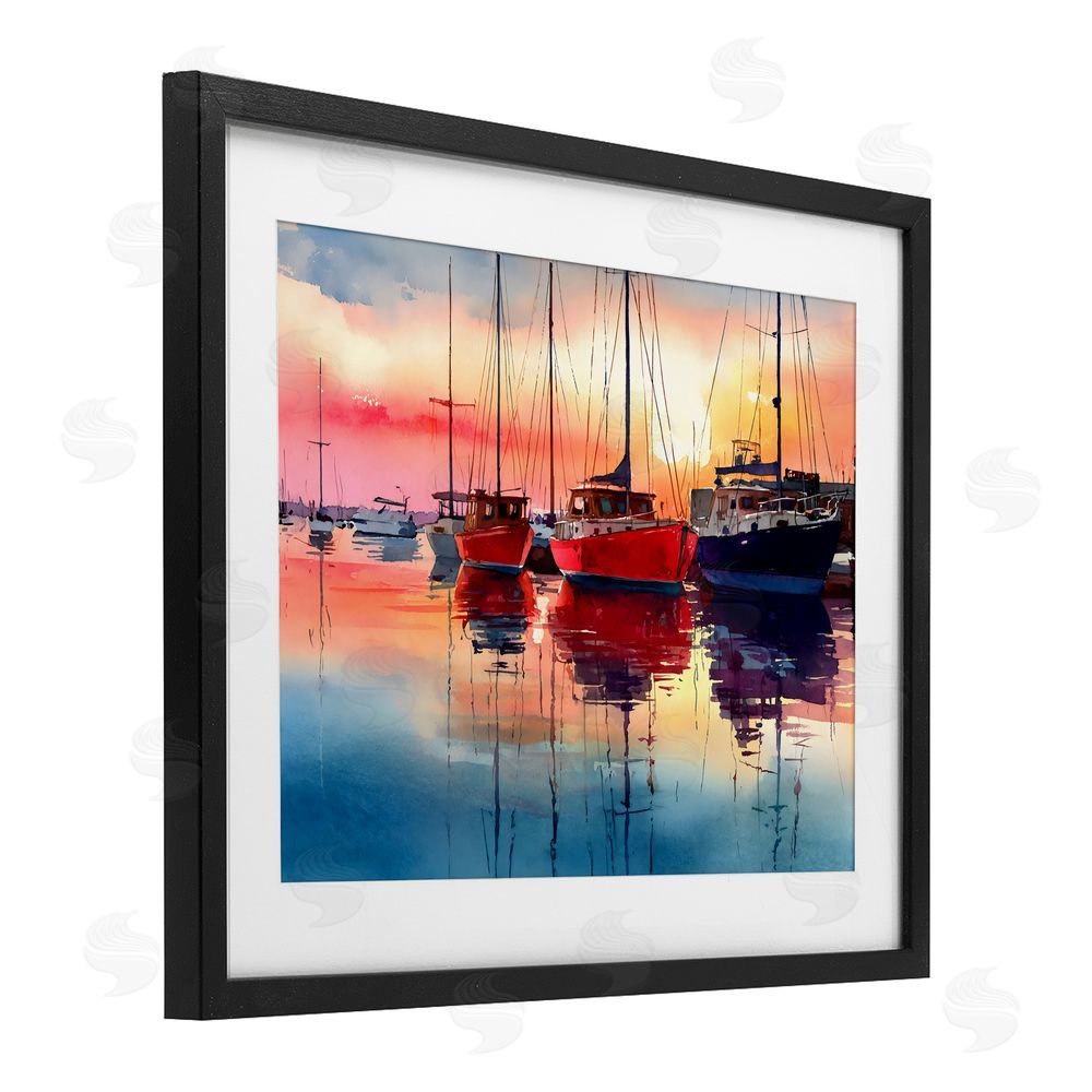 Franklyn Gregory Red & Blue Boats at Sunset Black Framed Print Under Glass Wall Art