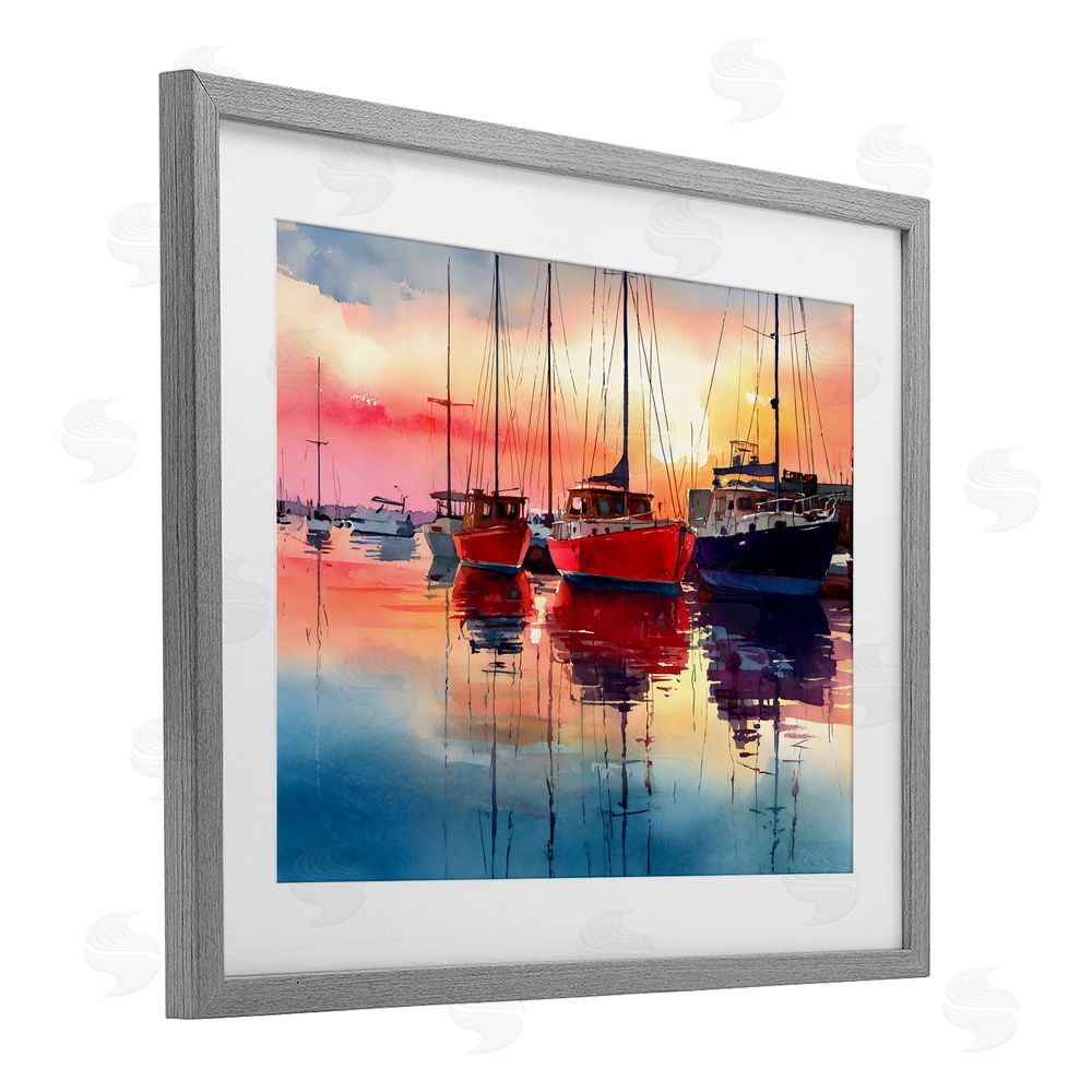 Franklyn Gregory Red & Blue Boats at Sunset Gray Framed Print Under Glass Wall Art