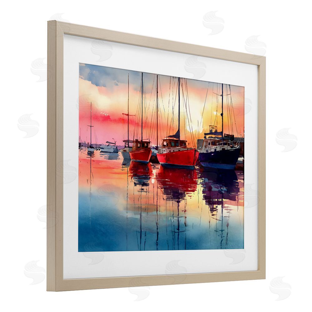 Franklyn Gregory Red & Blue Boats at Sunset Brown Framed Print Under Glass Wall Art