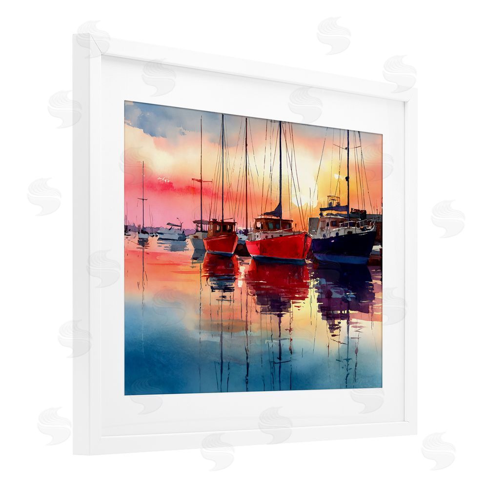Franklyn Gregory Red & Blue Boats at Sunset White Framed Print Under Glass Wall Art