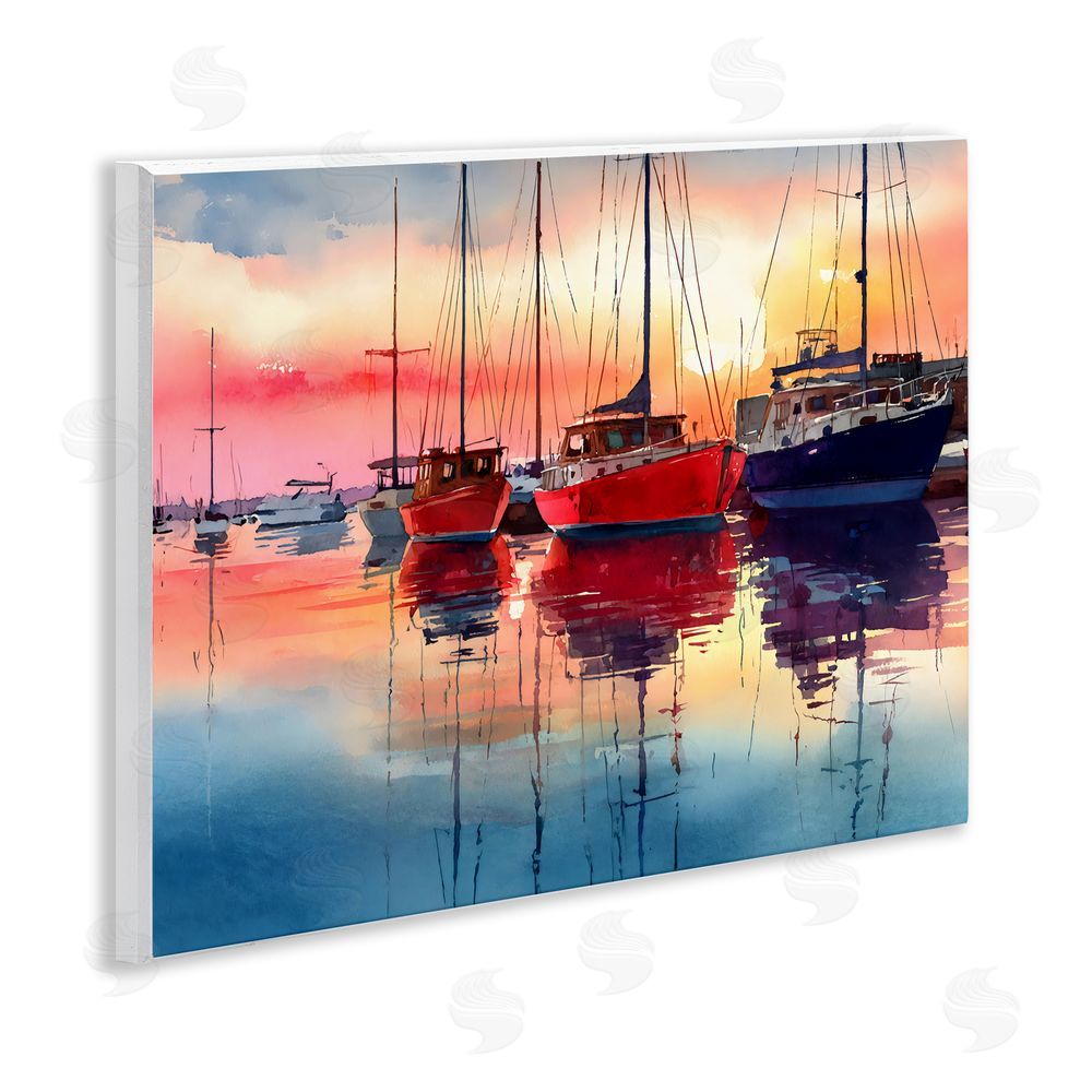 Franklyn Gregory Red & Blue Boats at Sunset Wall Plaque Home Decor Art Print