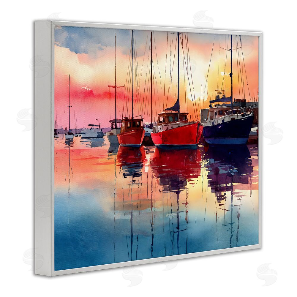 Franklyn Gregory Red & Blue Boats at Sunset White Framed Giclee Wall Art