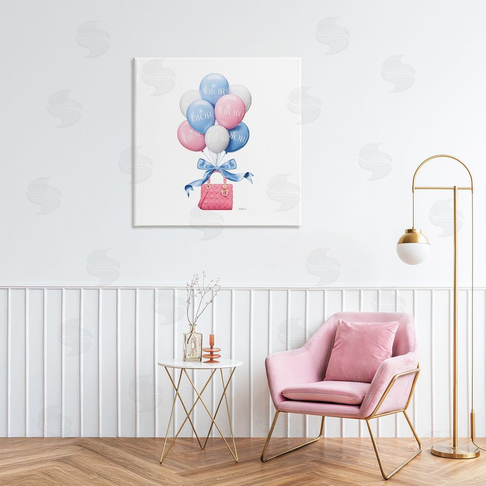 Amanda Greenwood Pink & Blue Handbag Balloons Stretched Canvas Wall Art in Room