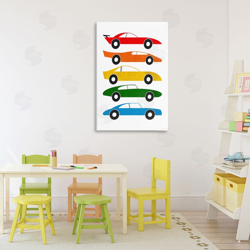 Tom Quartermaine Colorful Midcentury Cars Stretched Canvas Wall Art in Room
