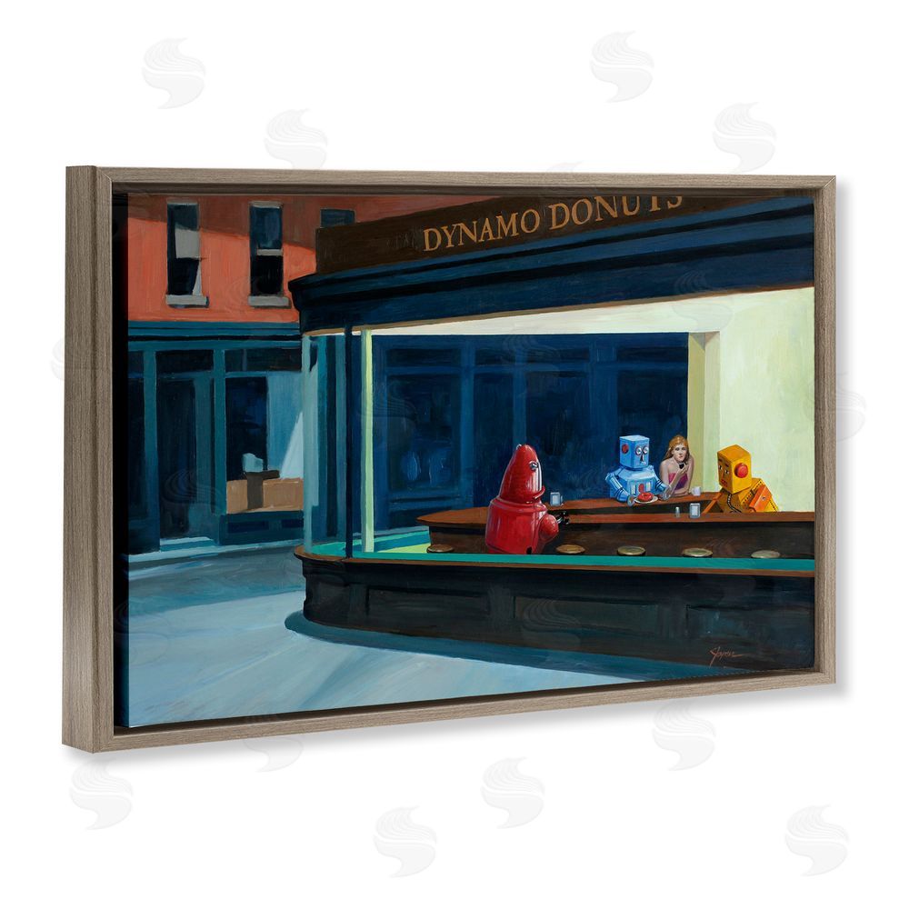 Eric Joyner Robots in Donut Shop Brown Floating Frame Canvas Wall Art Print