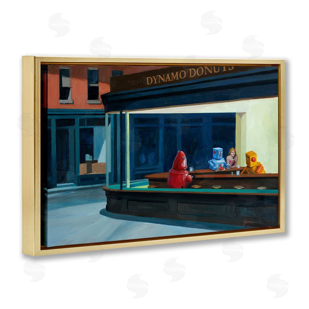 Eric Joyner Robots in Donut Shop Gold Floating Frame Canvas Wall Art Print